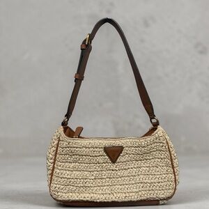Guess Cream Woven Shoulder Bag with Brown Trim